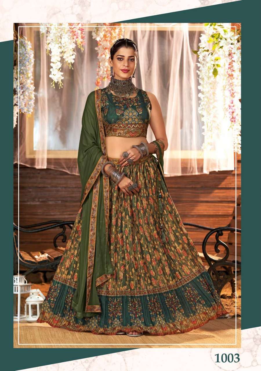 S3 Forever-Dholida-Floral Printe Manipuri Silk Crop Top With Hand Embroidery Work Umbrella Gher Silk Skirt AND Chiffon Dupatta Dupatta-1003-F